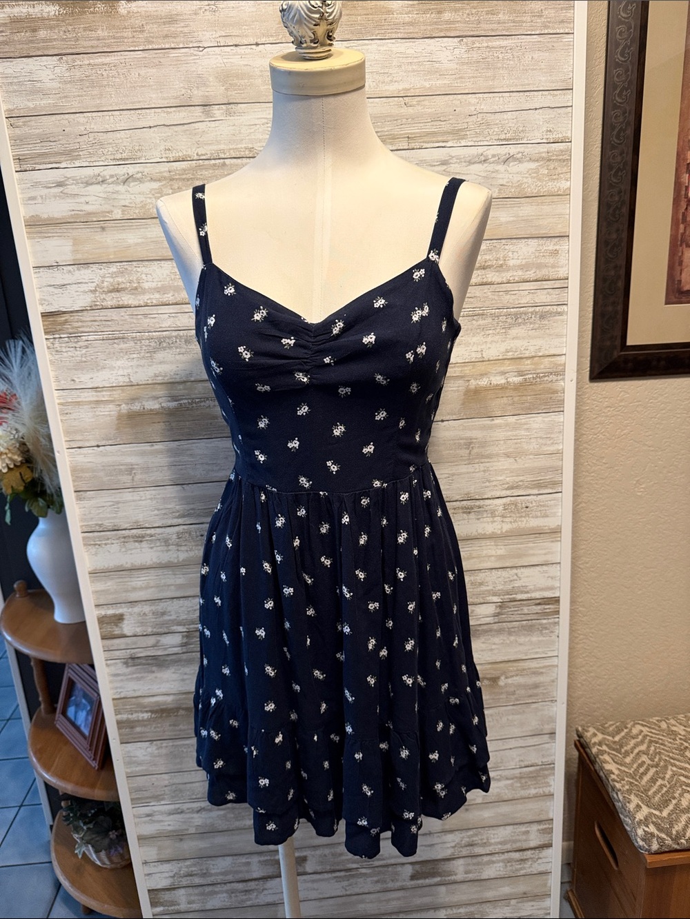 Hollister Women’s Navy Floral Sundress with adjustable Spaghetti Straps tie back